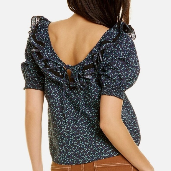 Something Navy Womans Floral Kira Top XS Blue Ruffle Short Sleeve Linen Cotton - Picture 2 of 9